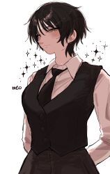Rule 34 | 1girl, absurdres, arms behind back, black hair, black necktie, black vest, brown eyes, earrings, highres, jewelry, koucha (pankeki koucha), long sleeves, necktie, original, piercing, shirt, short hair, solo, standing, tomboy, vest, white background, white shirt, wolf cut