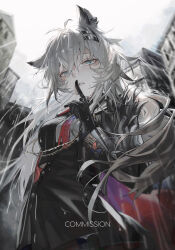 Rule 34 | 1girl, animal ear fluff, animal ears, arknights, black gloves, black jacket, blue eyes, cityscape, commission, fang, finger to mouth, from below, gloves, grey hair, hair between eyes, highres, jacket, lappland (arknights), lappland the decadenza (arknights), long hair, looking at viewer, necktie, parted lips, rain, red necktie, scar, scar across eye, scar on face, shirt, shushing, skin fang, solo, watanab1019, white shirt, wolf ears, wolf girl