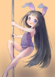 1girl animal_ears barefoot black_hair blue_eyes blue_one-piece_swimsuit blush covered_navel fake_animal_ears feet guma highres holding holding_pole knee_up legs leotard long_hair old_school_swimsuit one-piece_swimsuit open_mouth original playboy_bunny pole pole_dancing rabbit_ears school_swimsuit smile solo stripper_pole swimsuit thighs