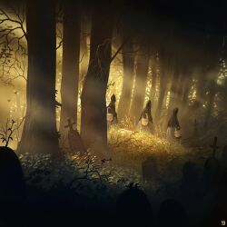 3others artist_logo basket branch commentary dark english_commentary foliage forest grass grave graveyard highres holding holding_basket hooded_robe light_rays logo long_sleeves multiple_others nature original outdoors overgrown plant robe ruins scenery standing sunlight tombstone tree waltjan wide_shot