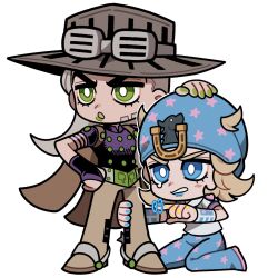 2boys 3kyu4ever beanie beard belt belt_buckle blonde_hair blue_eyes blue_hat blue_lips blue_nails bridal_gauntlets bright_pupils brown_cape brown_hat brown_pants buckle cape chibi chibi_only commentary_request cowboy_hat facial_hair goggles goggles_on_headwear gold_teeth green_eyes green_lips green_nails grey_belt grey_hair gyro_zeppeli hat heart_ornament highres hood hood_down hoodie horseshoe_hat_ornament horseshoe_ornament johnny_joestar jojo_no_kimyou_na_bouken long_hair makeup male_focus medium_hair multiple_boys pants pointing purple_bridal_gauntlets purple_shirt shirt short_sleeves spurs star_(symbol) star_print steel_ball_run white_hoodie white_pupils wristband