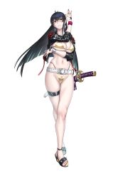 Rule 34 | 1girl, alternate hairstyle, bikini, black hair, breasts, cropped jacket, curvy, feet, full body, gold bikini, highleg, highleg bikini, highres, jacket, jigokumaru akira, long hair, nail polish, navel, official alternate hairstyle, open clothes, open jacket, sandals, scar, shiny skin, simple background, solo, spiked sandals, swimsuit, sword, taimanin (series), taimanin rpgx, thigh strap, thong, thong bikini, toenail polish, toenails, toes, weapon, wide hips, yuuji (and)
