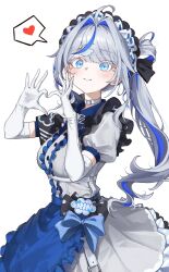 1girl ahoge aokumo_rin apron blue_apron blue_bow blue_eyes blue_hair bow closed_mouth cloud_hair_ornament dress elbow_gloves gloves grey_hair heart heart_hands highres hwashin02 long_hair looking_at_viewer maid maid_apron maid_headdress multicolored_hair short_sleeves simple_background smile solo spoken_heart stellive streaked_hair virtual_youtuber white_background white_dress white_gloves