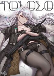 1girl absurdres ak-alfa ak-alfa_(girls&#039;_frontline) artist_name assault_rifle black_gloves black_pantyhose breasts brown_eyes caiman_pool character_name cleavage commentary english_commentary girls&#039;_frontline girls&#039;_frontline_2:_exilium gloves gun highres holding holding_gun holding_weapon long_hair looking_at_viewer lying on_back panties panties_under_pantyhose pantyhose parted_lips partially_fingerless_gloves rifle solo tololo_(girls&#039;_frontline_2) underwear weapon white_hair