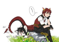 2boys black_hair boots chibi commentary_request dog_boy dragon_boy dragon_horns dragon_tail figure_four_sitting fingerless_gloves furry furry_male gloves grass highres horns looking_at_another male_focus multiple_boys original outdoors red_hair red_vest rock short_hair sitting slit_pupils solo speech_bubble tail tail_wagging thought_bubble tokitsu_sousaku translation_request vest white_background yellow_eyes