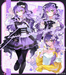 1girl bow braid flower green_eyes hair_bow hair_flower hair_ornament hairband hat highres jacket kamu_(poulro) long_hair long_sleeves looking_at_viewer multiple_views original pantyhose purple_hair purple_skirt shirt side_ponytail skirt smile white_shirt yellow_jacket