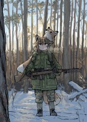 1girl :&lt; absurdres animal_ears battle_rifle branch brown_hair camouflage camouflage_pants fox fox_ears fox_girl fox_girl_(yihan_world) fox_tail green_jacket gun hair_between_eyes highres jacket m14 m21 original pants rifle scope snow tail tree weapon winter yihan_world
