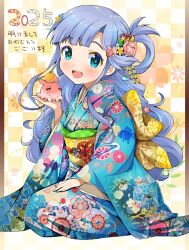 Rule 34 | 1girl, 2025, asari nanami, blue eyes, blue hair, blush, hair ornament, hair rings, highres, idolmaster, idolmaster cinderella girls, japanese clothes, kanzashi, kimono, looking at viewer, michii yuuki, obi, open mouth, sash, seiza, single hair ring, sitting, smile, solo