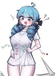 1girl ? ?? absurdres ahoge black_bow blush bow collarbone cowboy_shot drill_hair green_eyes green_hair gwen_(league_of_legends) hair_bow highres league_of_legends long_hair sapientia scissors shirt simple_background solo sweatdrop twin_drills twintails twitter_cutting_game white_background white_shirt