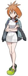 1girl ahoge artist_request bare_shoulders blue_jacket breasts brigette_(pokemon) creatures_(company) crossed_arms dress eyelashes female_focus full_body game_freak green_footwear hair_between_eyes happy jacket legs long_sleeves looking_at_viewer lowres matching_hair/eyes medium_breasts medium_hair name_tag neck nintendo no_socks off-shoulder_jacket off_shoulder official_art orange_eyes orange_hair pokemon pokemon_bank sidelocks sleeveless sleeveless_dress slippers smile thigh_gap thighs tight_clothes tight_dress transparent_background turtleneck turtleneck_dress white_dress