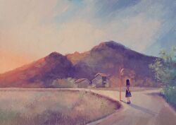 1girl arms_behind_back blue_hair blue_sailor_collar blue_skirt building commentary_request evening from_behind gradient_sky grass harucoro25 highres hill long_hair medium_skirt original outdoors road sailor_collar scenery school_uniform serafuku shirt shoes short_sleeves skirt sky solo standing star_(sky) starry_sky straight_hair sunset tree very_wide_shot white_shirt