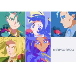 Rule 34 | 2boys, 3girls, black gloves, black hair, blonde hair, blue eyes, bonnet, closed mouth, collared shirt, commentary request, dark-skinned female, dark skin, ear piercing, earrings, eyelashes, from side, geeta (pokemon), gloves, green hair, hassel (pokemon), holding, holding poke ball, jewelry, larry (pokemon), logi bunbukucha, multiple boys, multiple girls, necktie, nintendo, orange eyes, piercing, poke ball, poke ball (basic), pokemon, pokemon sv, poppy (pokemon), red eyes, rika (pokemon), shirt, smile