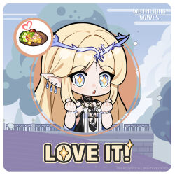 Rule 34 | + +, 1girl, black collar, black dress, blonde hair, blue eyes, breasts, cartethyia (wuthering waves), chibi, chibi only, clenched hands, collar, crown of thorns, dress, english text, excited, food, hands up, highres, jewelry, long hair, necklace, official art, open mouth, pointy ears, sidelocks, small breasts, solo, tabard, tacet mark (wuthering waves), white tabard, wuthering waves