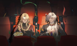 2boys absurdres ascot braid cross cross_necklace edmond_dantes_(fate) fate/grand_order fate_(series) food formal_clothes glasses highres jewelry long_hair male_focus michael_roa_valdamjong movie_theater multiple_boys necklace party_popper ponytail popcorn priest red_eyes side_ponytail tarantella_(fate) the_count_of_monte_cristo_(fate) user_vpue3848 vampire white_ascot white_hair yaoi