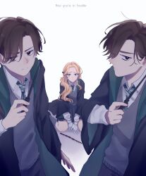 1girl 2boys absurdres black_robe blonde_hair brothers brown_eyes brown_hair cassandra_vole colby_frey english_text fischer_frey gloves green_eyes harry_potter:_magic_awakened harry_potter_(series) highres hogwarts_school_uniform holding holding_wand long_hair mole mole_under_eye multiple_boys nroc open_clothes open_robe robe school_uniform short_hair siblings simple_background slytherin tearing_up twins wand white_background white_gloves wizarding_world