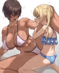 2girls blonde_hair blue_eyes breasts brown_hair dark-skinned_female dark_skin dated_commentary dry_humping height_difference highres humping kei_(m_k) large_breasts long_hair m_k multiple_girls original red_eyes rika_(m_k) short_hair simple_background size_difference sweat swimsuit tall_female tan tomboy toned toned_female yuri