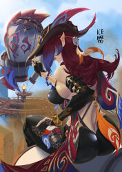 Rule 34 | 1girl, aircraft, ass, asymmetrical legwear, bare shoulders, blue eyes, blurry, blurry background, chasca (genshin impact), day, earrings, feathers, genshin impact, gloves, hat, highres, hot air balloon, icemandg, jacket, jewelry, long hair, open clothes, open jacket, outdoors, pointy ears, red hair, signature, sunlight, torch