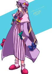 1girl artist_name book bow character_name crescent crescent_hat_ornament dated dress hair_bow hat hat_ornament highres holding holding_book long_hair looking_at_viewer loose_socks mob_cap patchouli_knowledge pink_slippers pink_socks purple_dress purple_hair rhodium_(rh) sidelocks sideways_glance signature slippers socks solo standing touhou