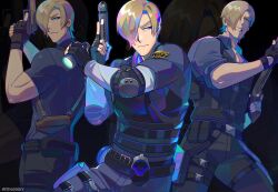 Rule 34 | 1boy, bulletproof vest, curtained hair, denaseey, facial hair, fingerless gloves, gloves, gun, highres, holster, leon s. kennedy, male focus, muscular, muscular male, police, resident evil, resident evil 2, resident evil 2 (remake), resident evil 4, resident evil 4 (remake), resident evil 6, shirt, shoulder holster, tight clothes, tight shirt, weapon