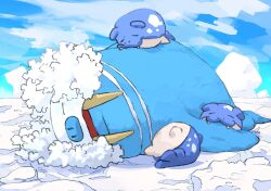 aomon_(yuuji7604) blue_sky closed_eyes cloud commentary evolutionary_line full_body gen_3_pokemon highres lying nintendo no_humans on_back on_side open_mouth outdoors pokemon pokemon_(creature) sky sleeping sleeping_on_pokemon snow spheal tusks walrein