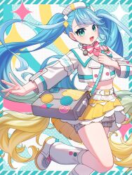 Rule 34 | 1girl, absurdres, aqua hair, bag, belt, beret, blonde hair, cropped jacket, gradient hair, green eyes, hair between eyes, hair ornament, hat, hatsune miku, highres, jacket, lailatamu, long hair, long sleeves, magical mirai (vocaloid), magical mirai miku, magical mirai miku (2024), midriff, multicolored hair, official alternate costume, official alternate hairstyle, open mouth, pink nails, pleated skirt, shoes, shorts, shorts under skirt, shoulder bag, skirt, smile, solo, twintails, very long hair, vocaloid, white belt, white hat, white jacket, white shoes, yellow skirt