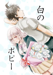 Rule 34 | 1boy, 1girl, absurdres, ahoge, black jacket, blunt bangs, bouquet, brown hair, brown skirt, closed mouth, cowboy shot, danganronpa (series), danganronpa 2: goodbye despair, flipped hair, flower, frown, grey shirt, highres, hinata hajime, holding, holding bouquet, ice (iceircoa51), jacket, miniskirt, nanami chiaki, neck ribbon, open clothes, open jacket, pink eyes, pink ribbon, pleated skirt, ribbon, shirt, short sleeves, skirt, smile, translation request, two-tone shirt, white background, white shirt