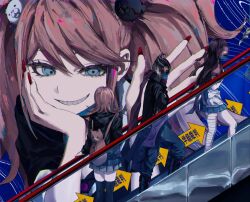 1boy 3girls apron backpack bag bandaged_leg bandages bear_hair_ornament black_hair blonde_hair blue_eyes braid censored danganronpa_(series) danganronpa_2:_goodbye_despair enoshima_junko escalator hair_ornament hand_on_own_face highres jacket long_hair looking_at_another medium_hair mosaic_censoring multicolored_hair multiple_girls nanami_chiaki pants pekoyama_peko purple_hair purple_scarf red_nails scarf short_hair skirt smile streaked_hair tanaka_gundham teeth thighhighs tsumiki_mikan twintails umesigeissei white_apron