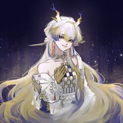 1girl absurdres arknights bare_shoulders bead_necklace beads breasts brooch collarbone dragon_girl dragon_horns earrings eastern_dragon_horns green_eyes hair_between_eyes hair_ornament highres horns jewelry long_hair long_sleeves medium_breasts necklace parted_lips pointy_ears shirt shu_(arknights) smile solo strapless strapless_shirt tassel tassel_earrings thiccpuggie tube_top white_hair white_tube_top