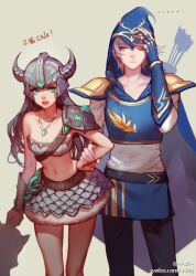 armor arrow_(symbol) ashe_(league_of_legends) ask_(askzy) belt genderswap gloves green_eyes grey_hair jewelry league_of_legends long_hair necklace pants tryndamere