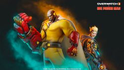 2boys bald blonde_hair blue_hoodie clenched_hand closed_mouth copyright_name cyborg dark_skin doomfist_(overwatch) formal_clothes gauntlets genji_(overwatch) genos genos_genji highres holding holding_sword holding_weapon hood hoodie logo looking_ahead looking_back male_focus multiple_boys official_art official_wallpaper one-punch_man overwatch overwatch_2 saitama_(one-punch_man) saitama_doomfist single_gauntlet smoke standing suit sword upper_body weapon yellow_suit
