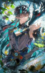 Rule 34 | 1boy, 1other, aqua eyes, aqua horns, black gloves, black hair, black pants, byuey, cleavage cutout, closed mouth, clothing cutout, cowboy shot, dan heng (honkai: star rail), dan heng (imbibitor lunae) (honkai: star rail), dragon, dragon boy, dragon horns, earrings, eastern dragon horns, eyeliner, fingerless gloves, gloves, hair between eyes, highres, honkai: star rail, honkai (series), horns, jacket, jewelry, long hair, looking at another, makeup, male focus, mandarin collar, official alternate costume, official alternate hair length, official alternate hairstyle, open clothes, open jacket, pants, pectoral cleavage, pectorals, pointy ears, red eyeliner, shirt, single bare shoulder, very long hair, watermark, weibo username, weibo watermark, white jacket, white shirt, wide sleeves
