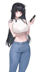 1girl absurdres arm_under_breasts black_hair blunt_bangs bra_visible_through_clothes braid breasts cellphone eyewear_on_head halter_shirt halterneck highres kevinlim39 large_breasts long_hair looking_at_viewer mole mole_under_eye navel phone red_eyes shoulder_tattoo smartphone solo tatakau_ni_atai_suru tattoo yamaguchi_ryoko