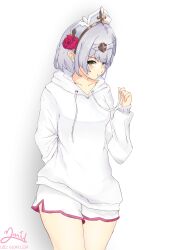 Rule 34 | 1girl, absurdres, alternate costume, blush, flower ornament, genshin impact, green eyes, hair ornament, highres, looking at viewer, maid headdress, neratul, noelle (genshin impact), pout, shorts, solo, sweater, white shorts, white sweater