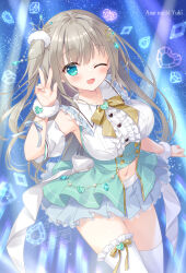1girl ameto_yuki blonde_hair blue_eyes blush bow breasts clothing_cutout dress emerald_(ameto_yuki) frills hair_between_eyes hair_ornament jewelry lace lace-trimmed_dress lace_trim large_breasts long_hair looking_at_viewer midriff miniskirt navel navel_cutout one_eye_closed open_mouth original ribbon short_dress skirt smile solo thighhighs v very_long_hair white_dress white_thighhighs