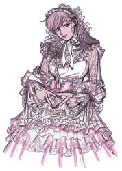 Rule 34 | 1girl, alternate costume, bow, breasts, commentary, costume request, cowboy shot, double v, dress, ear cuffs, eyelashes, fingernails, frilled dress, frilled headband, frilled sleeves, frills, gradient hair, gupunw, hair behind ear, hair over shoulder, hairband, head tilt, high collar, highres, hime lolita, hypnosis mic, keitoin honobono, large breasts, layered dress, lipstick, lolita fashion, lolita hairband, long fingernails, long hair, looking down, makeup, multicolored hair, pink eyes, pink hair, pink lips, pink nails, pink theme, puffy sleeves, ribbon, see-through clothes, see-through sleeves, simple background, smile, solo, symbol-only commentary, v, white background