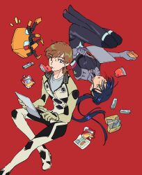 Rule 34 | 1boy, 1girl, brown hair, conch (gundam), floating, food, green eyes, gundam, gundam gquuuuuux, hastune, highres, long hair, mecha pilot suit, midair, mole, mole under mouth, multicolored eyes, non-humanoid robot, nyaan (gundam gquuuuuux), ponytail, purple eyes, purple hair, red background, robot, shirt, simple background, tablet pc, two-tone eyes, upside-down, xavier olivette, yellow eyes