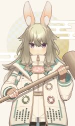 1girl animal_ears audio_visualizer blush brown_gloves closed_mouth coat egasumi eighth_note fingerless_gloves gloves green_hair hammer highres holding holding_hammer isono_skyk jacket kine kusanagi_nene long_sleeves looking_at_viewer low-tied_sidelocks mallet musical_note project_sekai purple_eyes rabbit_ears shorts solo white_coat white_jacket white_shorts