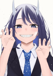 1girl aoki_ruri black_hair black_vest blue_eyes blue_necktie hands_up highres horns necktie ruridragon school_uniform sharp_teeth simple_background smile solo sono teeth upper_body vest white_background