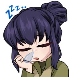 1girl closed_eyes eva_(kavunyak) green_jacket hair_bun hand_rest head_rest jacket korzynka_persykiv long_hair long_sleeves non-web_source open_mouth original purple_hair russo-ukrainian_war sidelocks sleeping sleeping_upright solo transparent_background upper_body