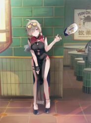 1girl absurdres ahoge bare_arms bare_legs bare_shoulders black_dress black_gloves black_shoes blonde_hair breasts china_dress chinese_clothes cleavage cleavage_cutout closed_mouth clothing_cutout covered_navel dress eyes_visible_through_hair eyewear_on_head fingerless_gloves full_body gloves hair_over_one_eye hand_fan hand_up highres holding holding_fan indoors large_breasts leaning_forward looking_at_viewer medium_hair pelvic_curtain purple_eyes shoes short_twintails single_glove skindentation sleeveless sleeveless_dress smile solo sunglasses sweety_(zenless_zone_zero) thigh_strap thighs twintails underboob_cutout zapik zenless_zone_zero