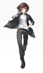 1girl absurdres alternate_costume ankle_boots black_jacket black_pants blunt_bangs boots breasts brown_boots brown_eyes brown_hair full_body funami_yui hand_up highres holding invisible_floor jacket keibi_inu leg_up light_frown looking_to_the_side open_clothes open_jacket pants putting_on_jacket shirt short_hair simple_background small_breasts solo t-shirt three-quarter_sleeves tomboy walking white_background white_shirt yuruyuri