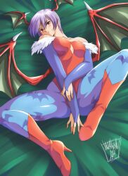1girl animal_print bat_print bat_wings blue_pantyhose boots breasts bridal_gauntlets danmakuman darkstalkers demon_girl high_heel_boots high_heels highres leotard lilith_(darkstalkers) pantyhose purple_hair red_eyes red_leotard short_hair signature small_breasts spread_legs strapless strapless_leotard wings