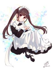 1girl apron black_dress black_shoes brown_hair closed_mouth collared_dress commentary_request dress frilled_apron frills full_body high_heels highres interlocked_fingers juliet_sleeves long_hair long_sleeves looking_at_viewer maid maid_apron maid_headdress original own_hands_together pantyhose puffy_sleeves red_eyes rino_cnc shoes smile solo twintails twitter_username very_long_hair white_apron white_pantyhose