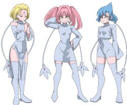 3girls arm_behind_back azelf blonde_hair blue_hair boots breasts closed_eyes forehead_jewel gen_4_pokemon grey_shirt hand_on_own_hip highres legendary_pokemon long_sleeves mesprit multiple_girls nasu_(ilo_a5) nintendo own_hands_together parted_bangs personification pink_hair pokemon shirt short_twintails simple_background small_breasts smile standing thigh_boots twintails uxie white_background yellow_eyes