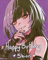 1girl black_arm_warmers black_dress black_hair black_nails character_name commentary dress english_commentary grey_hair happy_birthday highres hololive hololive_english light_blush multicolored_hair purple_background shiori_novella shiori_novella_(1st_costume) solo split-color_hair striped_arm_warmers sumosumo teeth two-tone_hair virtual_youtuber yellow_eyes