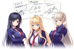 3girls akebi_saki amaemi-longing_for_you- blonde_hair blue_hair blush braid breasts charter_arms_undercover closed_mouth collared_shirt colored_inner_hair copyright_name crossed_arms grey_hair hand_up kurusu_sakuya kusunoki_iroha large_breasts leaning_forward long_hair long_sleeves looking_at_viewer multicolored_hair multiple_girls official_art oryo_(oryo04) pink_hair plaid_clothes plaid_skirt purple_eyes school_uniform shirt signature simple_background skirt smile transparent_background twin_braids upper_body wing_collar