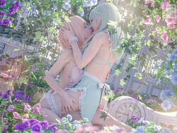 2girls 3d flower green_hair hand_on_another&#039;s_leg highres kiss long_hair maid multiple_girls nekotamamofu on_person original pink_hair pink_theme scenery school_uniform short_hair sitting sitting_on_person straddling yuri