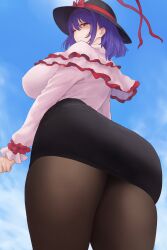 1girl absurdres ass ass_focus black_hat black_skirt bow breasts bright_pupils capelet frilled_capelet frilled_shawl frills hat hat_bow hat_ribbon highres large_breasts long_hair looking_at_viewer looking_back looking_down moriforest1040 nagae_iku pantyhose purple_hair red_eyes ribbon shawl shirt skirt solo thick_thighs thighs touhou