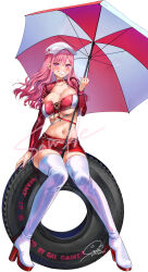 1girl absurdres arm_support baseball_cap blush boots breasts cleavage collarbone commentary_request copyright_name full_body gal_gamer_ni_homeraretai geshumaro grin hat high_heel_boots high_heels highres holding holding_umbrella large_breasts long_hair long_sleeves looking_at_viewer midriff miniskirt navel panties pantyshot pink_eyes pink_hair race_queen red_panties red_skirt red_tube_top red_umbrella sample_watermark shrug_(clothing) signature simple_background sitting skirt smile solo strapless suzuki_rion thigh_boots tube_top two-tone_umbrella umbrella underboob underwear unused_tire watermark white_background white_boots white_hat white_umbrella