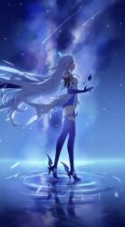 1girl absurdres bare_shoulders breasts closed_mouth commentary_request dress from_side full_body genshin_impact grey_hair hair_ornament hand_up highres large_breasts long_hair looking_afar looking_ahead luyue nebula profile prosthesis red_eyes reflection reflective_water ripples shooting_star skirk_(genshin_impact) solo thighs very_long_hair water white_dress